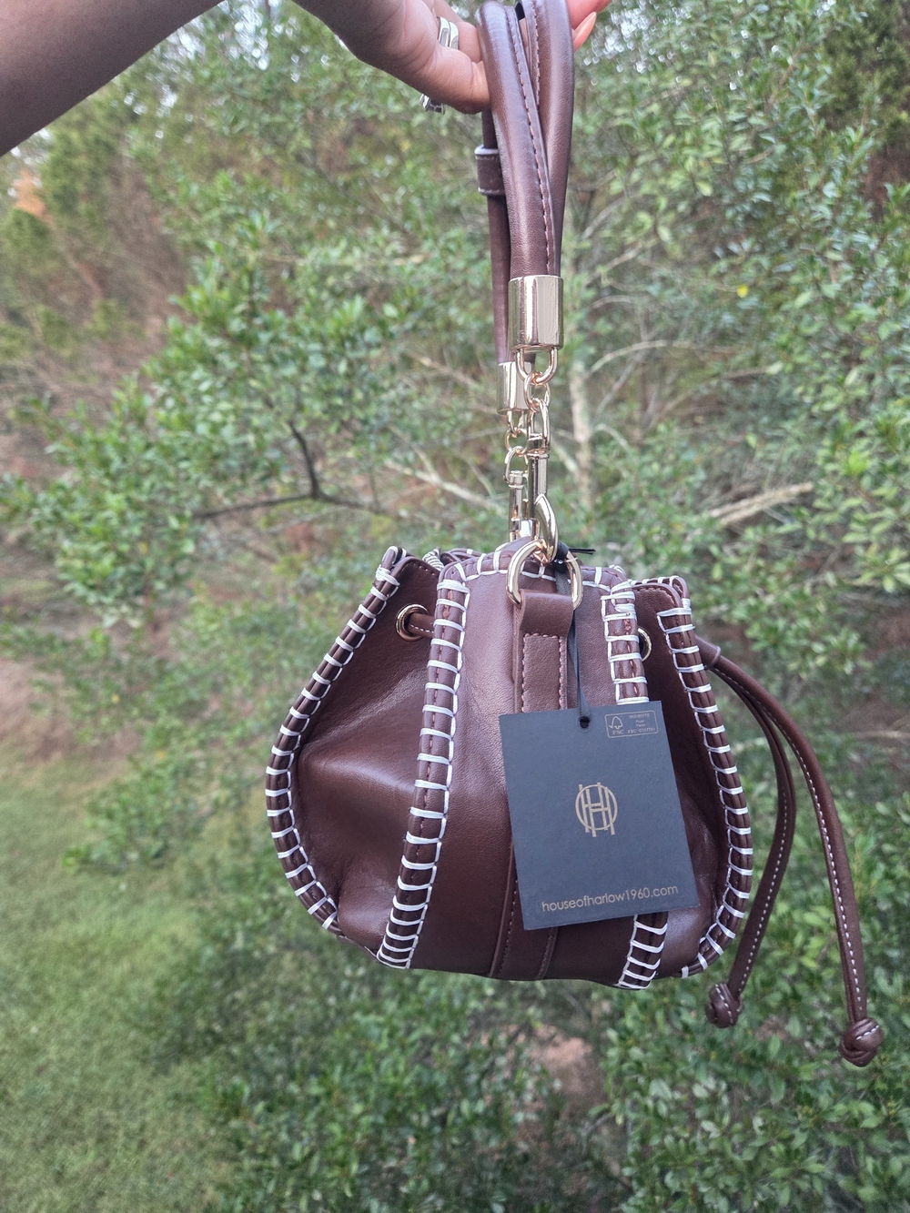 House of Halo Brown Leather Drawstring Wristlet Bag